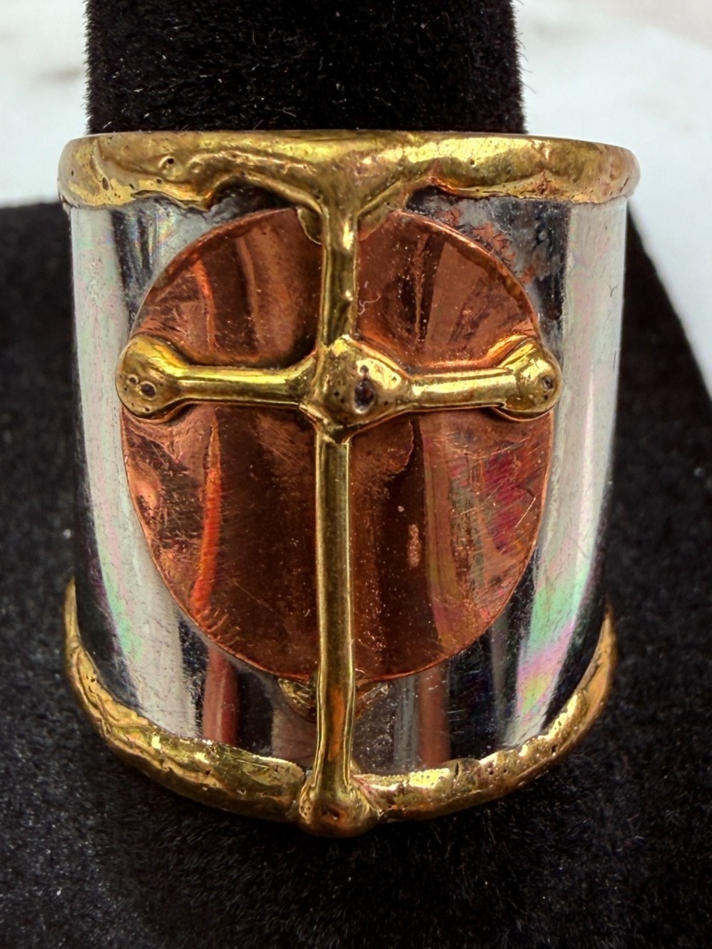 Vintage Mixed Metal Artisan Wide Cuff Ring Modernist Statement Adjustable sz 9